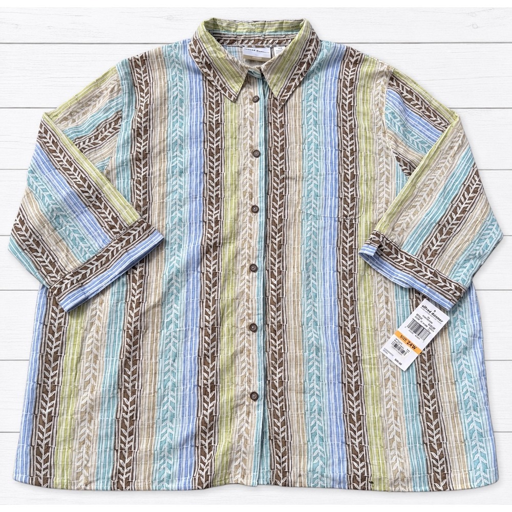 Alfred Dunner Button Down Augustine Striped Leaf Print Textured Top Size 24W NEW